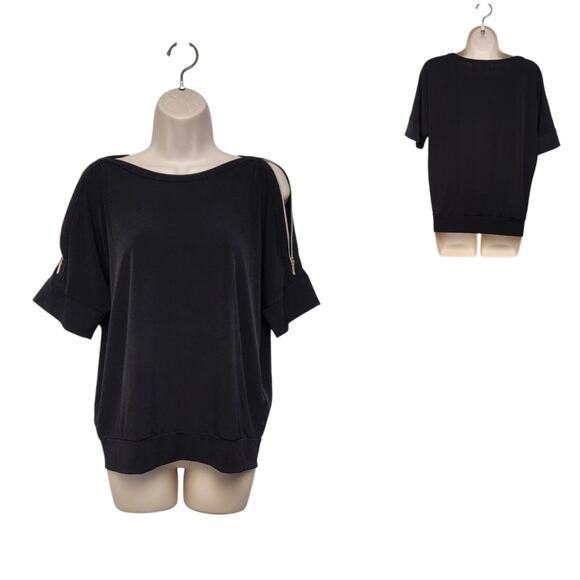 Chico’s Round Neck Knit Black Top Gold Zipper Short Sleeve Top Blouse Sz 1 (M-8) - Picture 1 of 9